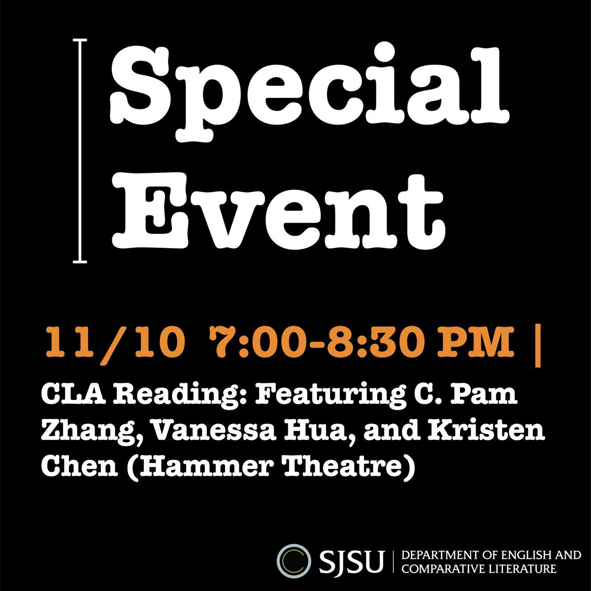 sjsu_english's tweet image. Don't forget to join us for Creative Writing Week next week!!! Email english@sjsu.edu to RSVP.