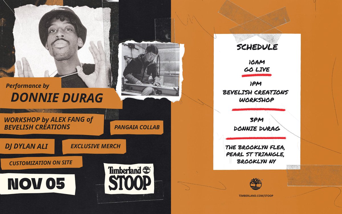 Timberland (@timberland) on Twitter photo Head on over to The Brooklyn Flea 10am-4pm this Saturday for exclusive merch, limited drops and free customization.
Plus, a recycling workshop by Bevelish Creations and live performance by Donnie Durag.
Learn more + sign up at timberland.com/stoop.html Head on over to The Brooklyn Flea 10am-4pm this Saturday for exclusive merch, limited drops and free customization.
Plus, a recycling workshop by Bevelish Creations and live performance by Donnie Durag.
Learn more + sign up at timberland.com/stoop.html