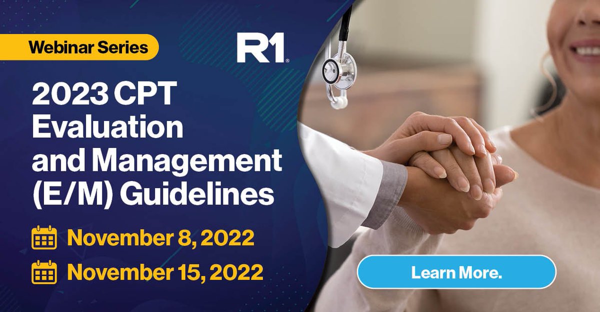 Introducing the R1 2023 CPT Evaluation and Management (E/M) Webinar Series. In this webinar series (on November 8th and November 15th), R1 experts will discuss all that's changing and how that impacts you and your team: hubs.la/Q01r1tTD0
