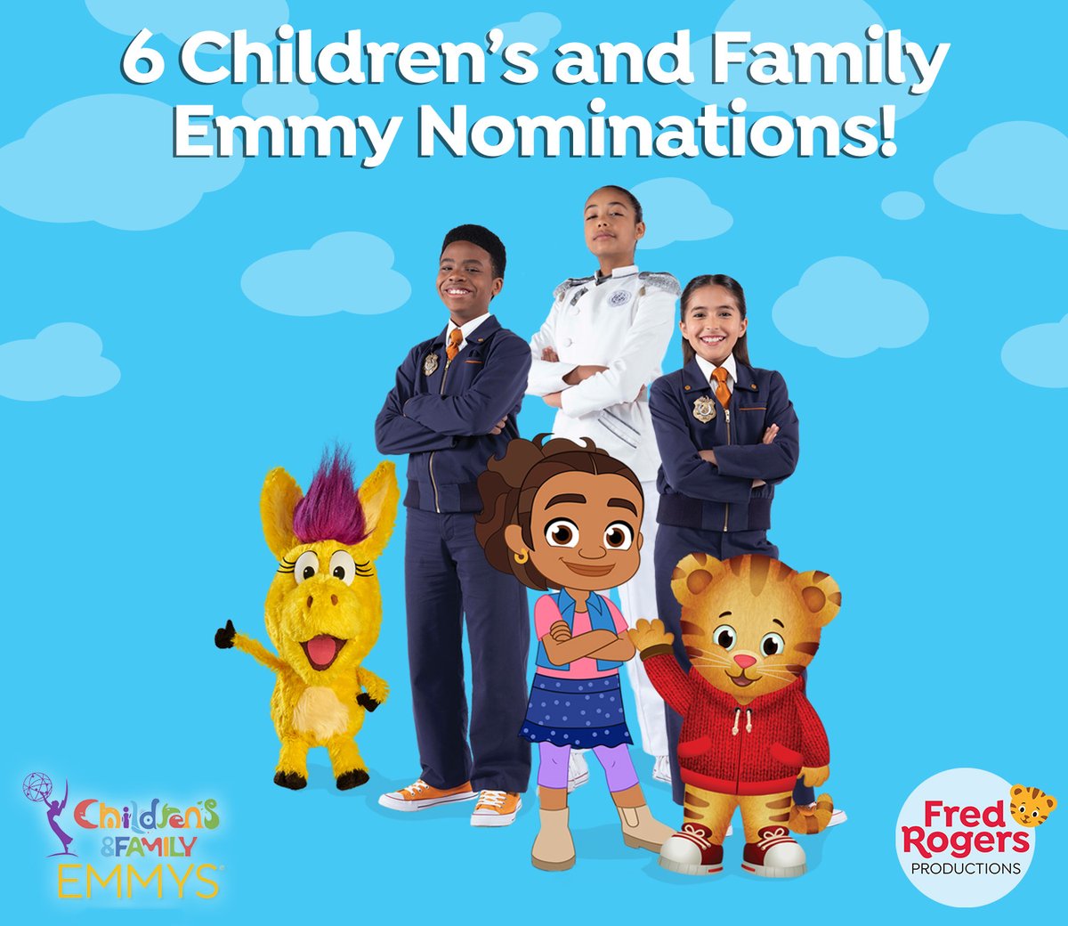 🎉 🎉 🎉 We are thrilled to announce Fred Rogers Productions has been nominated for 6 Children’s and Family #Emmys for @danieltigertv, @DonkeyHodiePBS, @almasway, and @OddSquadPBS! Thank you to our partners @9StoryMG, @pipelinestudios, @SinkingShipEnt, and @SpiffyPics.