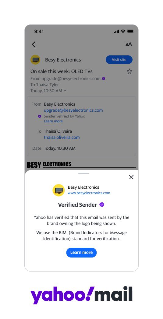 Coming to an inbox near you, powered by #BIMI, the "Verified Sender" icon in the <a href="/yahoomail/">Yahoo Mail</a> client. 

blog.postmaster.yahooinc.com/post/699742989…