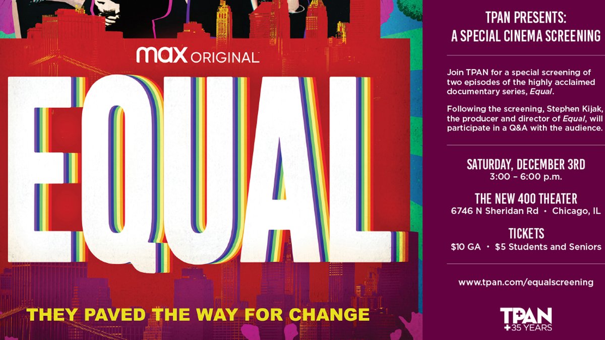 Join us for a special cinematic screening of <a href="/hbomax/">HBO Max</a>'s Equal on Sat. 12/3, 3-6 pm. Equal pays tribute to the founders of the modern #LGBTQ+ movement. Stephen Kijak, the producer and director, will participate in a live Q&amp;A afterwards. Tix are $5-10. bit.ly/3h5Kowk