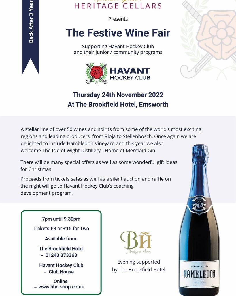 After 3 years we’re back the Festive Wine Fair - over 50 Wines &amp; Spirits to taste from Stellenbosch to Hampshire &amp; loads in between. Tickets available now - proceeds to @havanthockeyclub Coaching in the Community - it really is the start of Christmas… instagr.am/p/CkbbsnBtpdY/