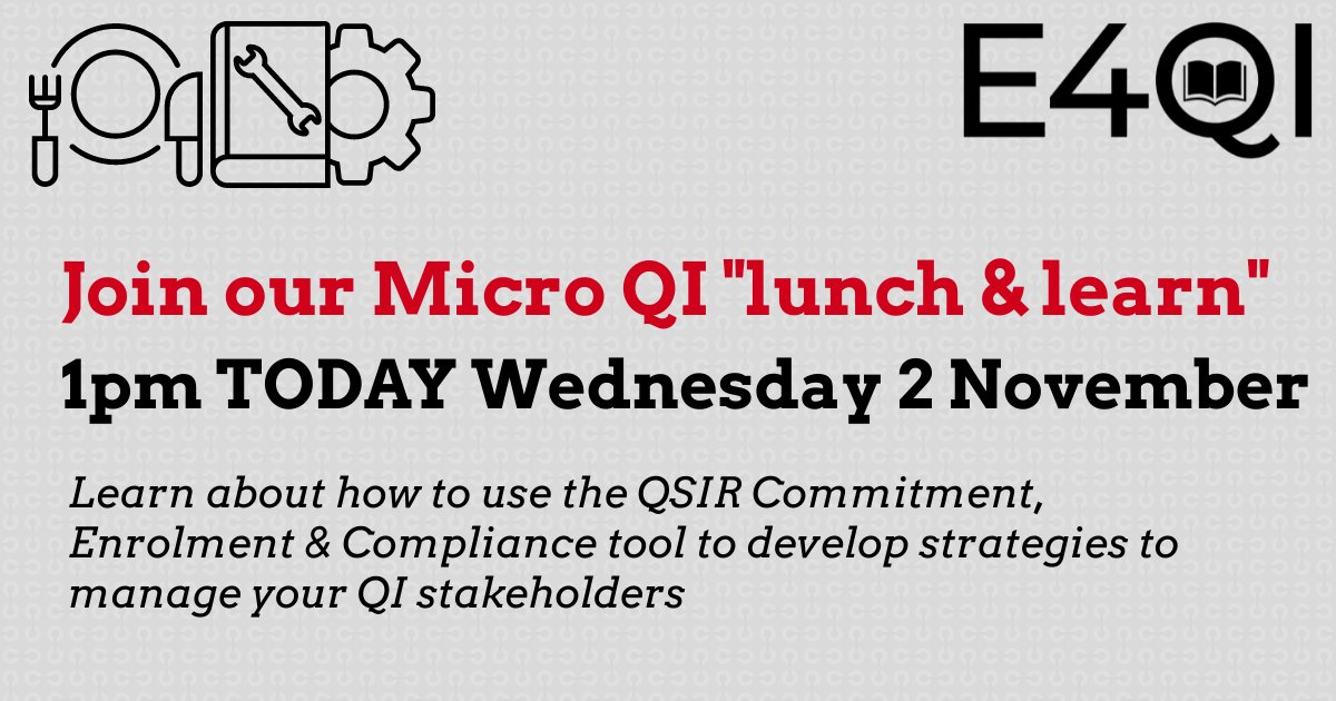 Free QI 'lunch & learn' training ⬇ today at 1pm. Learn about how to use the QSIR Commitment, Enrolment & Compliance tool to develop strategies to manage your QI stakeholders 👫 Sign up here: forms.office.com/r/9up2DCQHkS @theQCommunity @FabNHSStuff @LouWaters_QI #QITwitter #E4QI