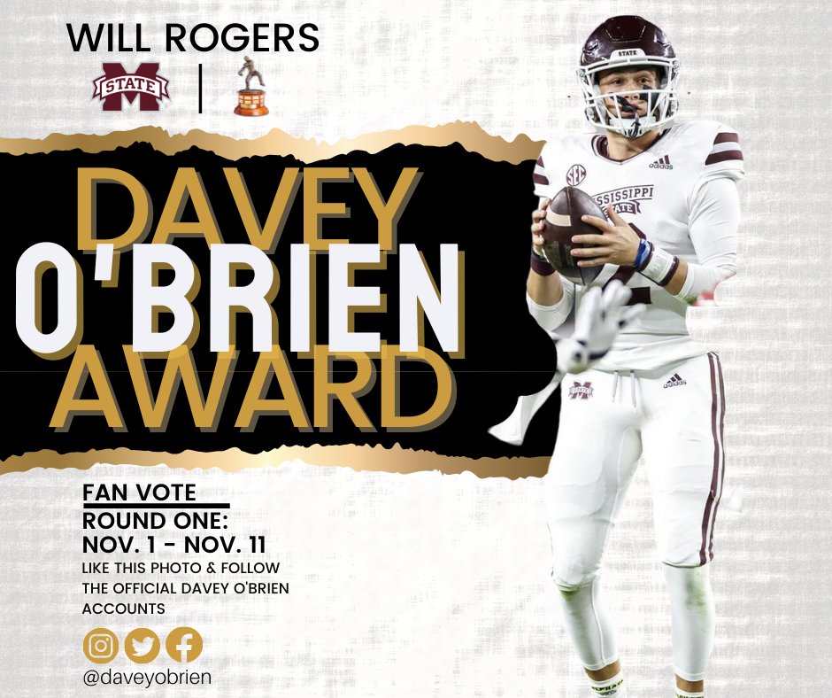 Time to get in the game and VOTE! #HailState--like your QB’s photo on the original posts from the official @daveyobrien accounts. The top 5 vote getters on Twitter, Instagram & Facebook will receive bonus committee votes to help decide our National Quarterback Award winner!