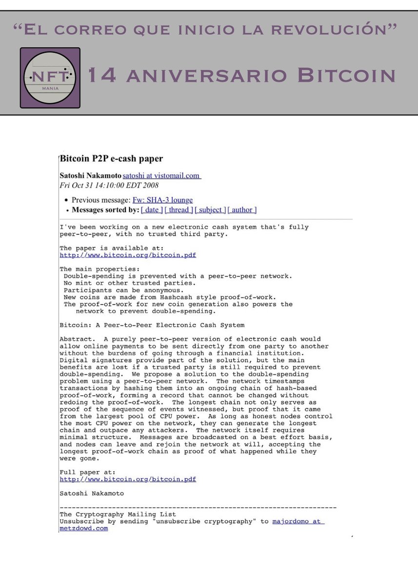 NFTmaniaMx's tweet photo. El día de ayer #BitcoinMagazine publicó el correo que dio nacimiento al bitcoin, con el título: el correo que inició la revolución. https://t.co/Ol5Pp0y9EQ