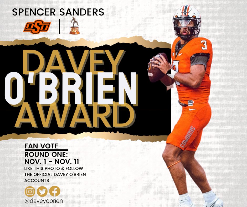 Time to get in the game and VOTE! #GoPokes--like your QB’s photo on the original posts from the official @daveyobrien accounts. The top 5 vote getters on Twitter, Instagram & Facebook will receive bonus committee votes to help decide our National Quarterback Award winner!