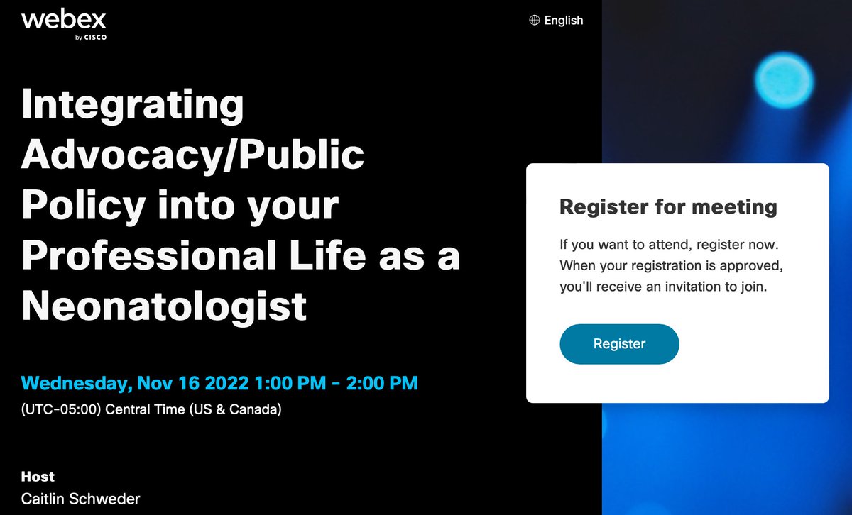 Integrating Advocacy/Public Policy into your Professional Life as a Neonatologist
Wednesday, November 16th at 2pm ET
Stephen Patrick, MD, MPH, MS, FAAP

Registration free and open to all:
aap.webex.com/aap/j.php?RGID…

<a href="/MidCareerNeo/">MidCaN</a> <a href="/AAPneonatal/">AAP Neonatal</a>