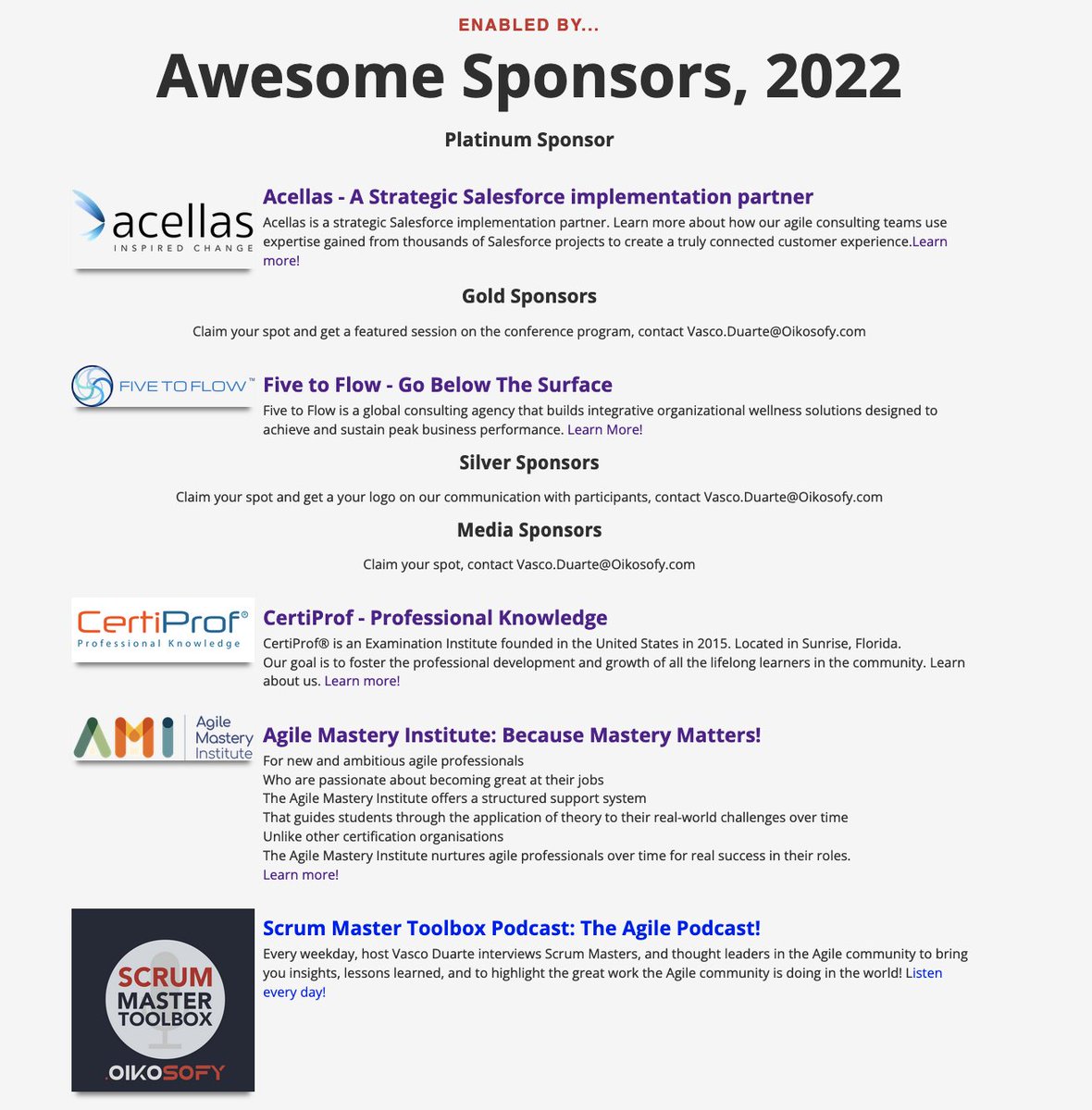 The #AgileOnlineSummit team &amp; community want to thank our amazing sponsors for helping to bring great voices to the #Agile community! Thank you  @certiprof #AgileMasteryInstitute <a href="/scrumpodcast/">Scrum Master Toolbox</a> #Acellas @fivetoflow! Check them out at: 
bit.ly/AgileOnlineSum…