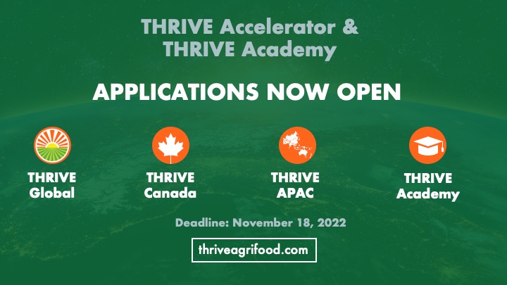 📢 Calling all start-ups: We are now accepting applications for our THRIVE Accelerator &amp; THRIVE Academy Programs!

If you are a start-up in the Pre-seed through Series A stage we have a program for you. Apply today: thriveagrifood.com/thrive-acceler…