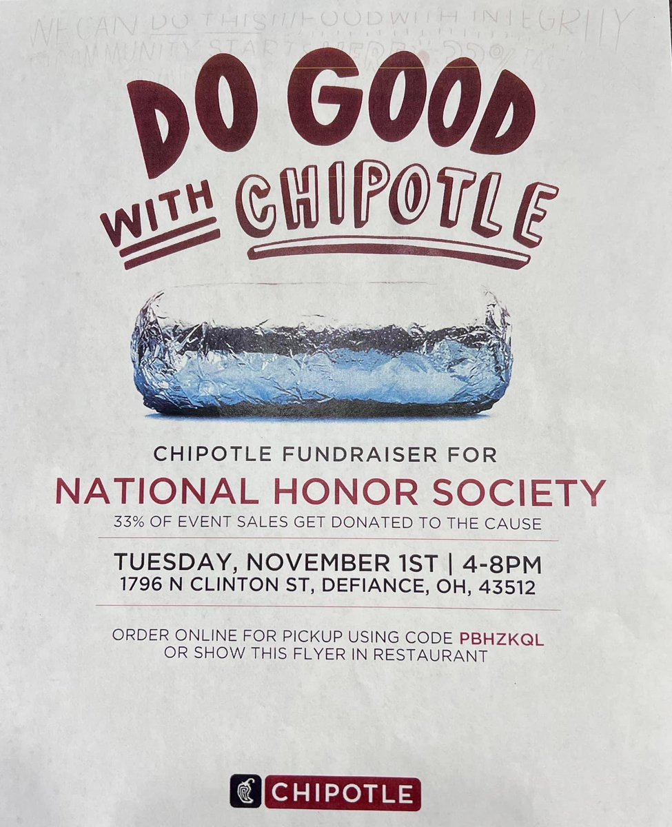 DefiBulldogs's tweet image. If you don’t want to cook dinner tonight, help out DHS National Honor Society by showing this flyer between 4-8pm this evening at the Defiance Chipotle. There is also a code listed if you would rather order online and pick up. Thanks for the support!