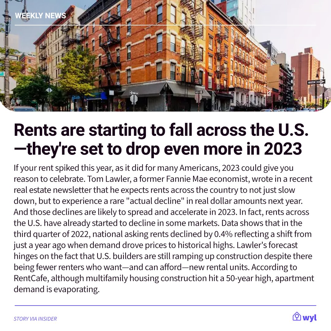 • Rent prices are falling and will continue to into 2023 🔽

• JPMorgan Chase unveils digital rent payment platform 💻

Catch up on the latest in rental news and subscribe to the WYL newsletter today: mailchi.mp/wyl/newsletter

#housing #rent #renternews #apartments #rent