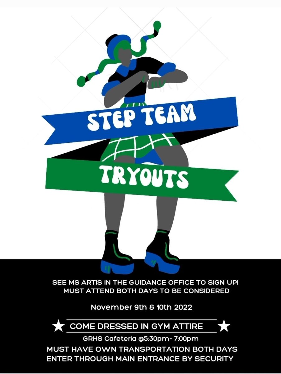 Step Team tryouts for <a href="/GRHS_Stallions/">Green Run Stallions</a> <a href="/grcollegiate/">Green Run Collegiate</a> are coming up! Next week 11/9 and 11/10! See Ms. Artis in the Green Run Counseling office for more information!