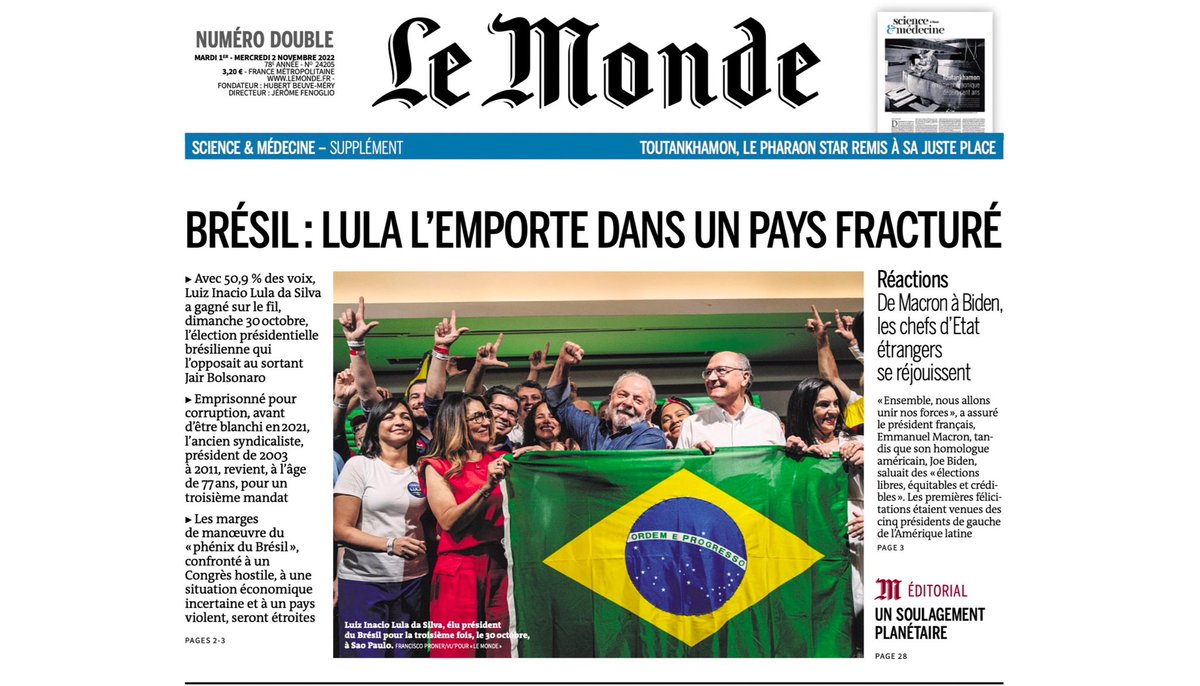 Capa do jornal <a href="/lemondefr/">Le Monde</a> ontem anunciando a vitória de <a href="/LulaOficial/">Lula</a> com a minha foto do momento em que o presidente discursava aos eleitores em São Paulo.