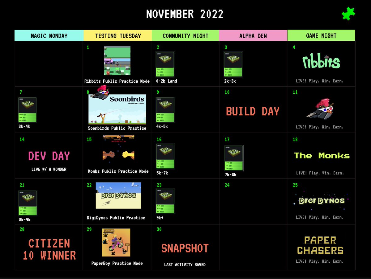 November 2022 Calendar 

✅ Game night every Friday w/ special Guest Hosts
✅ Dev day - learn how to build on ONYX L2
✅ Build day (24h OG build 0.02)
✅ Land reveals all month
✅ Community E-sport games (ETH)
✅ Snapshot for drop Nov 30 - All Nov activity counts