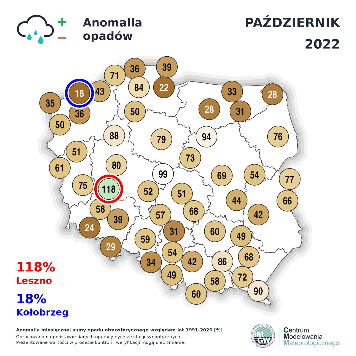 Najwięcej📈 deszczu💧 w październiku spadło na stacji synoptycznej w Lęborku 62,5 mm, najmniej📉 w Jeleniej Górze, tylko 11,5 mm. Październik był na większości stacji synoptycznych miesiącem suchym⚠️☹️ (względem lat 1991 - 2020)❗️ #podsumowanie #październik2022 #susza #IMGWCMM