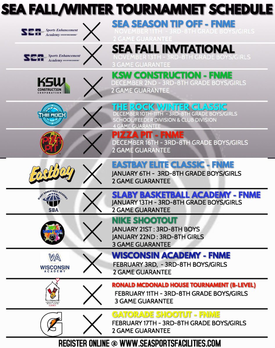 SEA Facilities (@seafacilities) on Twitter photo Check out our Fall/Winter Tournament Schedule here at Sports Enhancement Academy‼️👀
🏀 - Multiple Competition Levels
⛹️♂️⛹️♀️- Boys & Girls Events
Top Tier Facilities‼️
seasportsfacilities.com
#SEA Check out our Fall/Winter Tournament Schedule here at Sports Enhancement Academy‼️👀
🏀 - Multiple Competition Levels
⛹️♂️⛹️♀️- Boys & Girls Events
Top Tier Facilities‼️
seasportsfacilities.com
#SEA