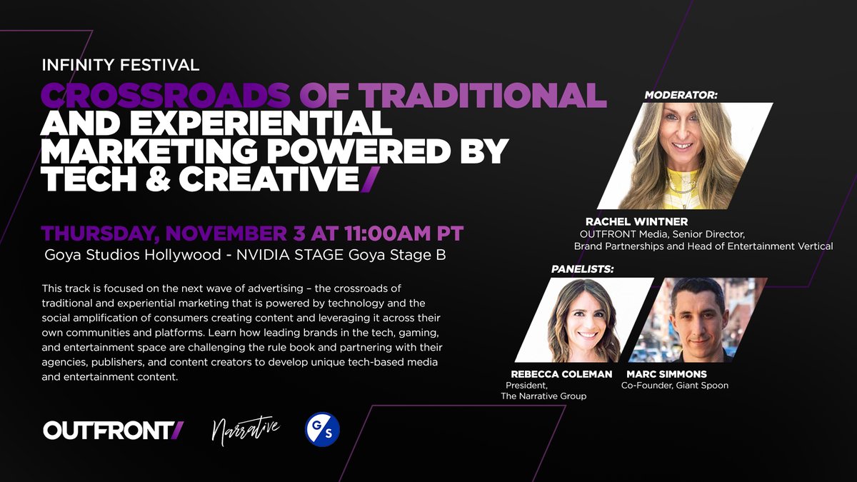 Tomorrow at @xperienceif OUTFRONT's Rachel Wintner moderates a panel focused on the next wave of advertising. She'll be joined by Rebecca Coleman of @narrativegroup and Marc Simmons of @Giant_Spoon.