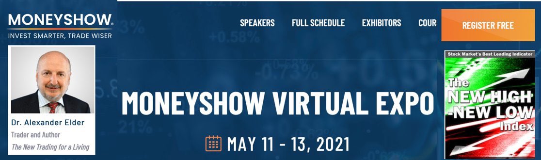 Dr Elder will complete his New High - New Low presentation by reviewing the latest, most recent signals of NH-NL and answering questions. This free online class will be taught between 10:10 am - 10:40 am EDT on Wednesday, May 12, 2021 Please register HERE: online.moneyshow.com/2021/may/virtu