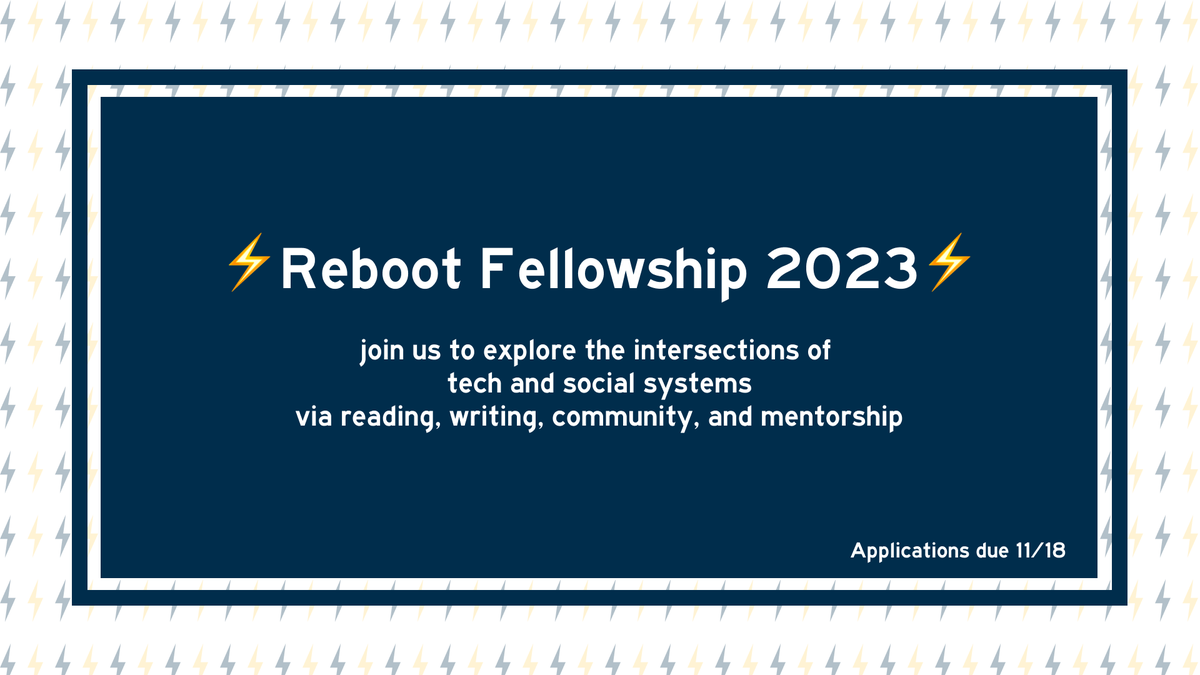 We’re incredibly excited to announce that applications for the 2023 Student Fellowship are now live!

You'll spend 8 weeks exploring tech, humanity, and power through a book club, writing workshop, and community mentorship.

Learn more + apply by November 18th.