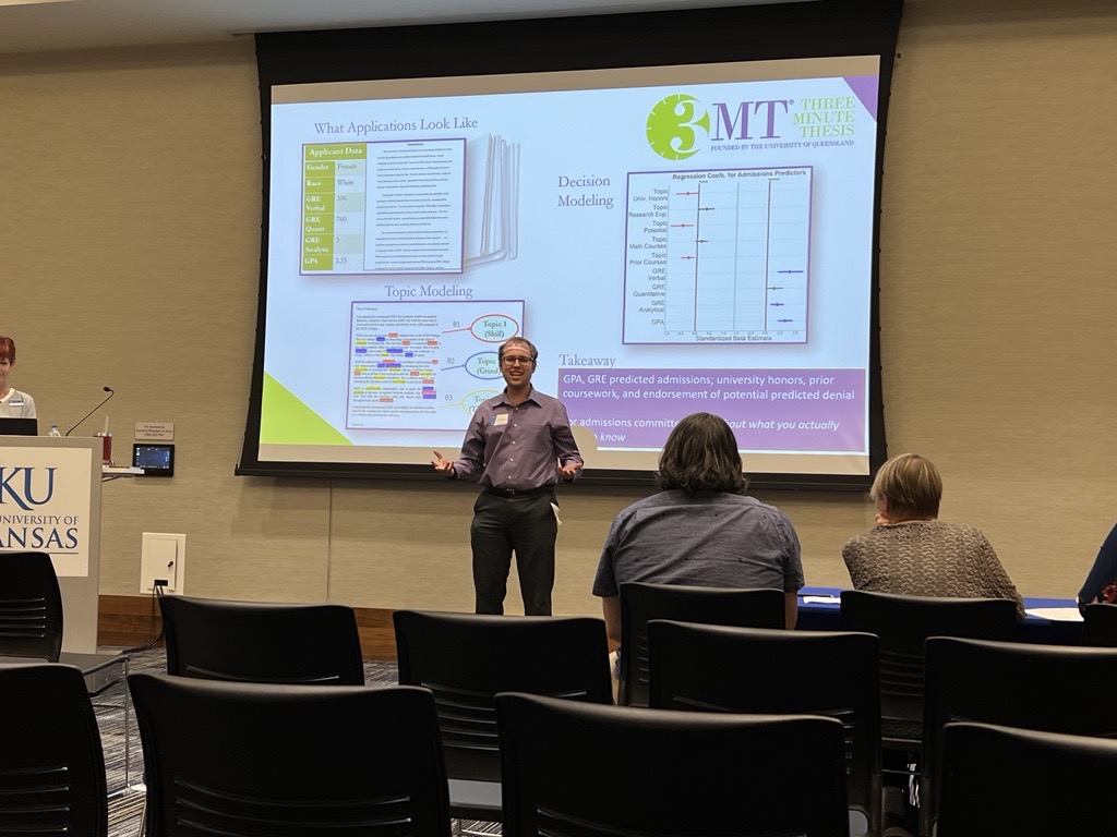 KU_Psych's tweet photo. James Adaryukov presents "Weight and See: How Graduate Admission Decisions Use Verbal and Numeric Information" at KU’s 3 MT competition. 3 MT (3 Min Thesis) provides grad students a chance to work on effectively communicating their research to various audiences. #3MTKU #KUPsych https://t.co/lqAGxWS3uH