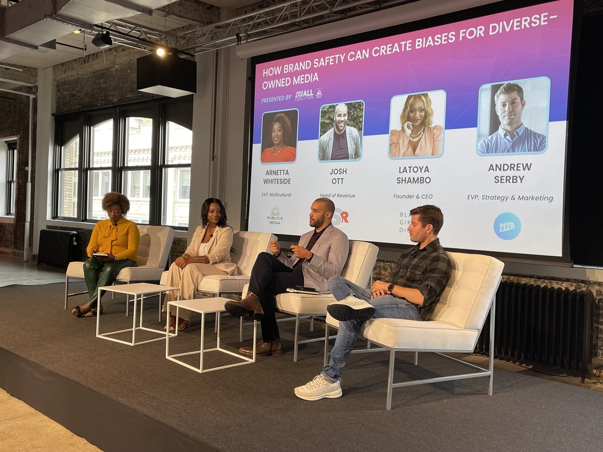 Going on now at DE&I Summit at #BrandSafetyWeek: How can brand safety create biases for diverse-owned media? Josh Ott, @TheShadeRoom; Andrew Serby, @ZEFRinc; LaToya Shambo, @blackgrldigital; Arnetta Whiteside, @PublicisMedia share insights to demystify the issues.