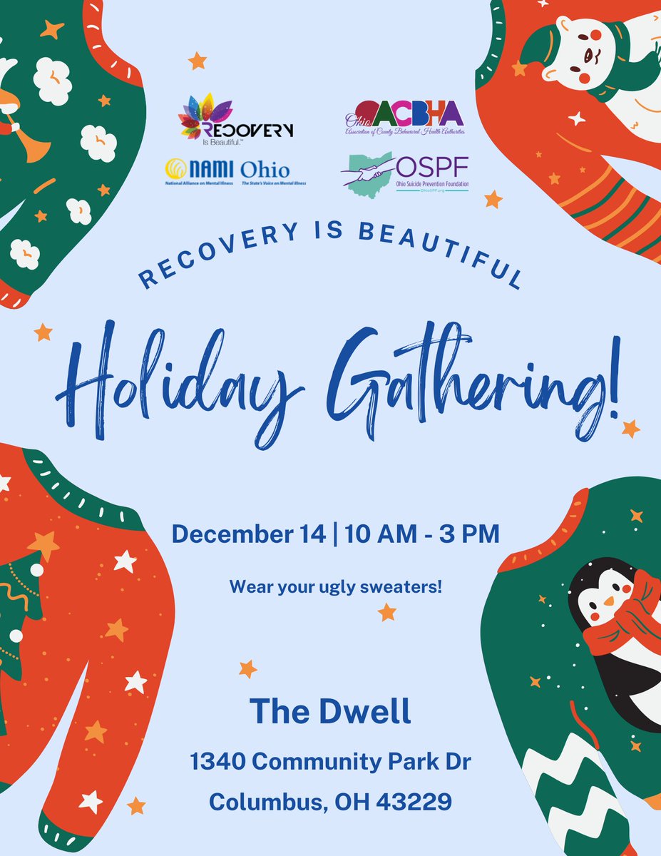 OACBHA, partnering with NAMI of Ohio, OSPF, and OMHAS will be hosting a Recovery Is Beautiful Holiday Gathering. The event will celebrate recovery through motivational speakers, recovery stories, activities, and more. 

Register today!
(oacbha.org/recovery_is_be…)