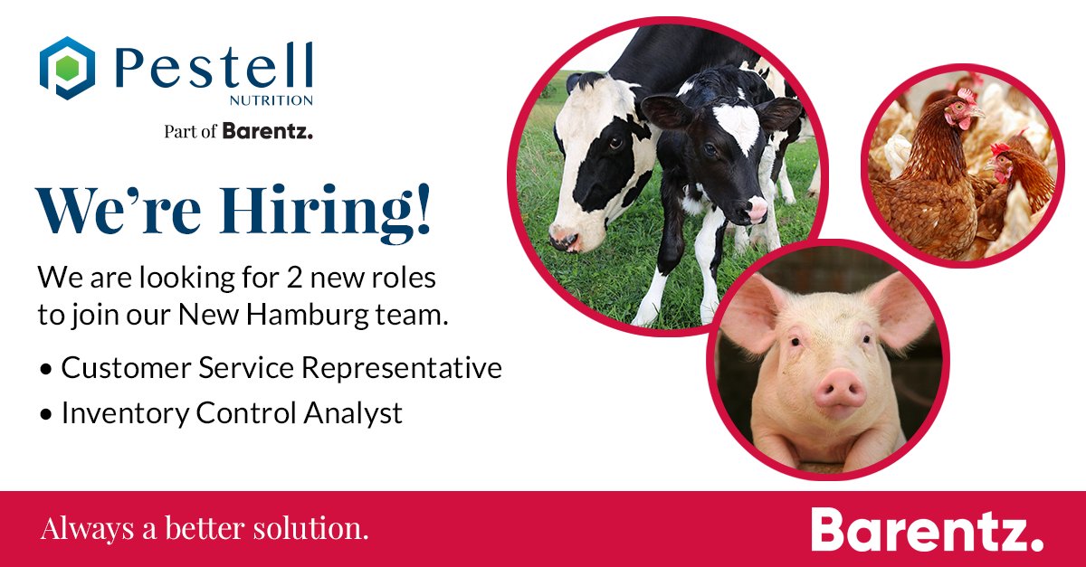 We’re hiring! Come be a part of our amazing team! We are looking for two new roles to join our New Hamburg team.
· Customer Service Representative
· Inventory Control Analyst
Apply or check out our other openings here: lnkd.in/eeh4fwQi
#hiring #animalnutrition