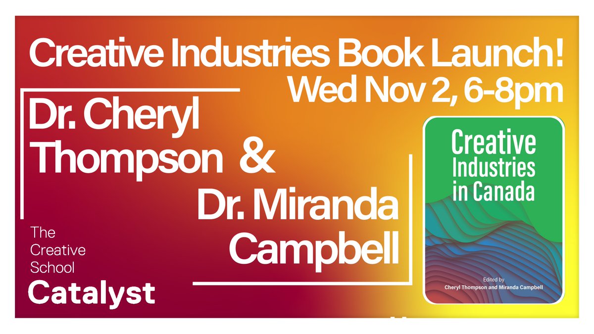 The Creative School Catalyst (@thecatalyst_to) on Twitter photo Join us tomorrow for the launch of Dr. Cheryl Thompson <a href="/DrCherylT/">Cheryl Thompson</a> and Dr. Miranda Campbell's new edited collection, Creative Industries in Canada. Register to participate in-person or online for a chance to win a free copy of the book! bit.ly/3Nryl8y Join us tomorrow for the launch of Dr. Cheryl Thompson <a href="/DrCherylT/">Cheryl Thompson</a> and Dr. Miranda Campbell's new edited collection, Creative Industries in Canada. Register to participate in-person or online for a chance to win a free copy of the book! bit.ly/3Nryl8y