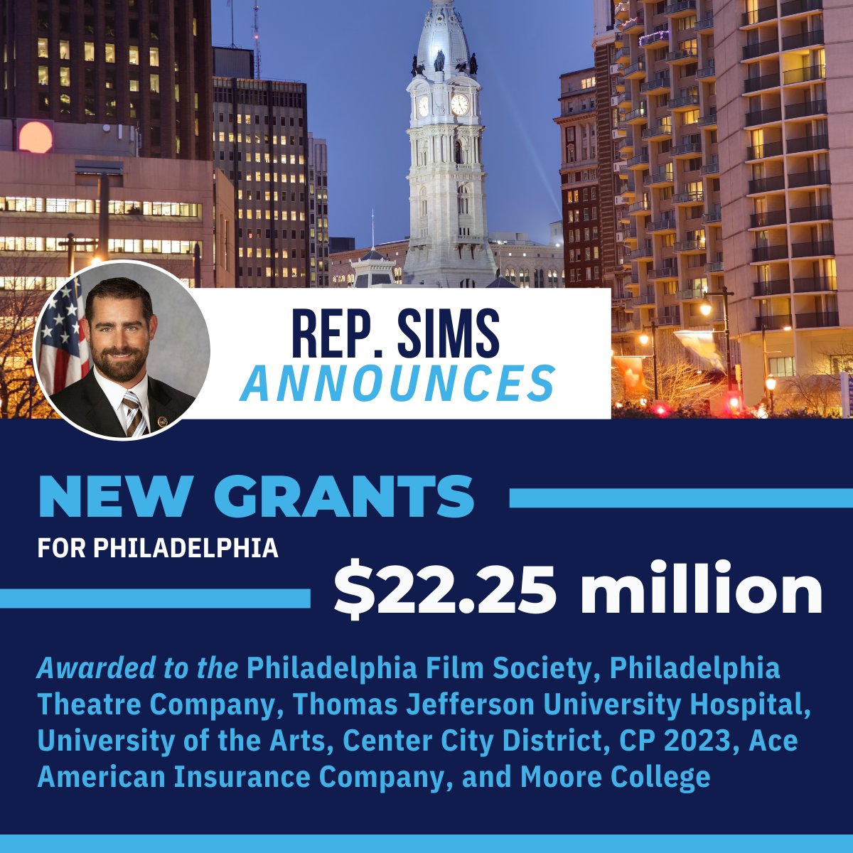 RepSims's tweet image. I am thrilled to announce a total of 22.25 million dollars coming back to District 182 through the RACP program! These funds will support the arts, Philadelphia’s hospitals and universities, and continue to spur economic development in Philadelphia as a whole.