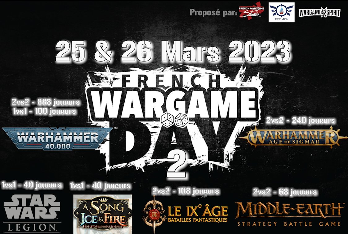 Saaalut les Wargamers, Ce jeudi en direct de Twitch twitch.tv/frenchwargame à 21h00 nous lancerons les inscriptions pour le French Wargame Day 2023 !
Au programme la présentation des jeux &amp; formats présents !