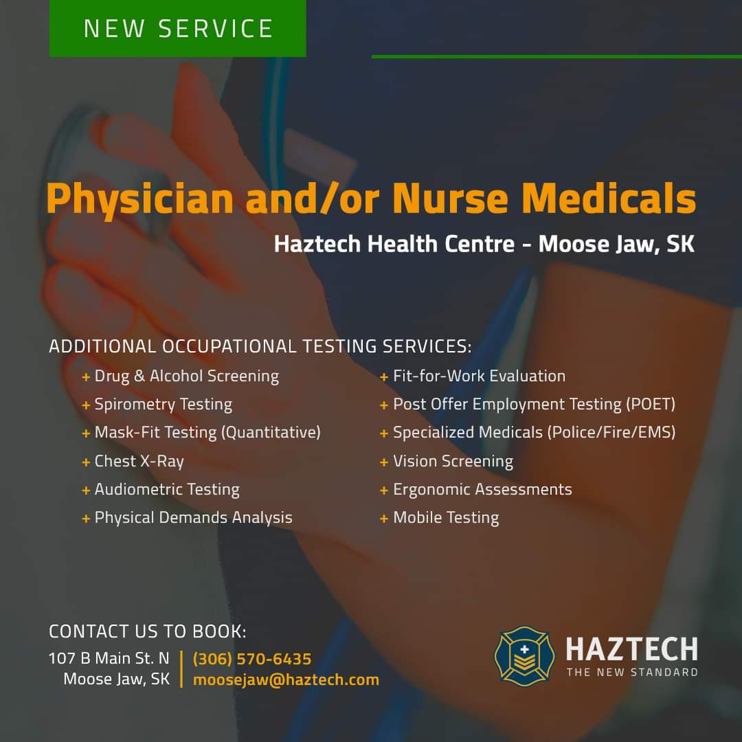 Haztech (@haztechsafety) on Twitter photo ✨NEW SERVICE✨
In addition to our current suite of #OccupationalHealth Testing Services, we are now offering Physician and/or Nurse #Medicals at our #HealthCentre in Moose Jaw, SK, 107 B Main St. N
Contact us to book:
306-570-6435
moosejaw@haztech.com ✨NEW SERVICE✨
In addition to our current suite of #OccupationalHealth Testing Services, we are now offering Physician and/or Nurse #Medicals at our #HealthCentre in Moose Jaw, SK, 107 B Main St. N
Contact us to book:
306-570-6435
moosejaw@haztech.com