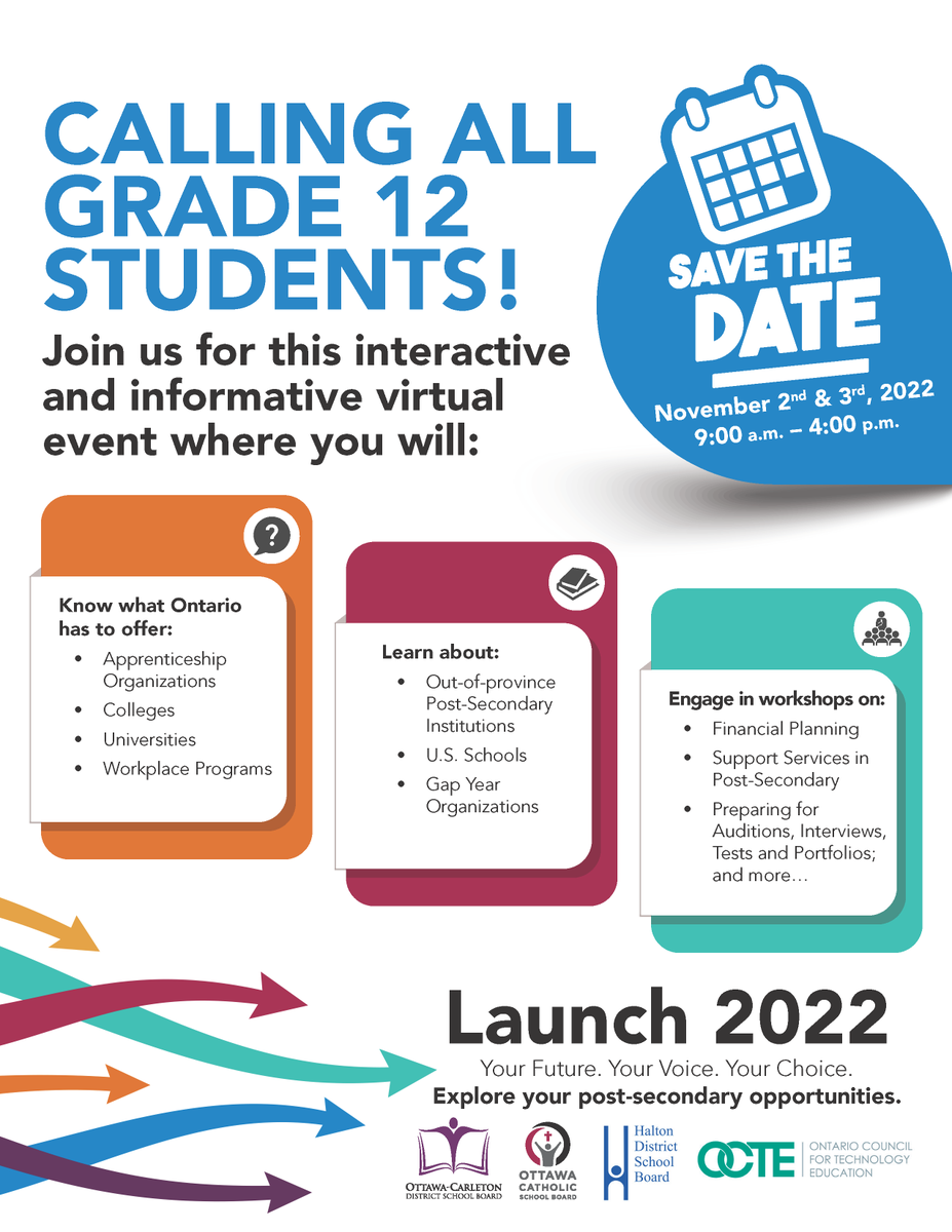 RCCDSB's tweet photo. Calling all Grade 12 students! On November 2nd & 3rd, grade 12 students at RCCDSB will be participating in Launch 2022! This virtual event will allow students to explore topics around post-secondary options as well as careers, financial literacy, the trades, universities... 1/2 https://t.co/DLiv22NwQe