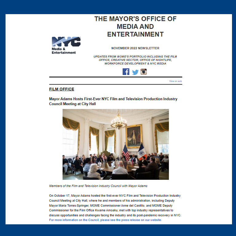 NYC Mayor's Office of Media & Entertainment (@madeinny) on Twitter photo MOME November highlights are here! 📢
Get updates on Film/TV industry council meeting w/ <a href="/NYCMayor/">Mayor Eric Adams</a>, #BwayintheBoros, NARCAN legislation w/ <a href="/nycnightlifegov/">NYC Office of Nightlife</a>, <a href="/nyc_media/">NYC Media</a> 55th anniversary, workforce graduations, upcoming events & festivals, plus more: on.nyc.gov/3DoPXNP MOME November highlights are here! 📢
Get updates on Film/TV industry council meeting w/ <a href="/NYCMayor/">Mayor Eric Adams</a>, #BwayintheBoros, NARCAN legislation w/ <a href="/nycnightlifegov/">NYC Office of Nightlife</a>, <a href="/nyc_media/">NYC Media</a> 55th anniversary, workforce graduations, upcoming events & festivals, plus more: on.nyc.gov/3DoPXNP