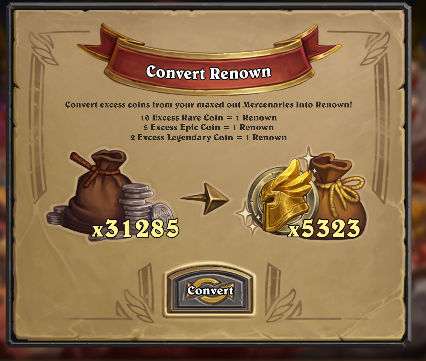 Today #Mercenaries heard its official Coin Exchange Rates (spoilers: 🫠)

If those of us at <a href="/FightingPit/">The Fighting Pit Podcast</a> spent all of our Renown:

I'd be able to craft 0-1 Legendaries from scratch.
<a href="/WizardBeastOP/">WizardBeast</a>: 2-3
<a href="/ZombiesGoNomNom/">ZombiesGoNomNom</a>: 4-5

And even this would take a long, long time.

Stay tuned