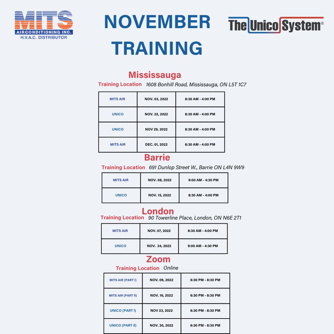 The Unico System (@theunicosystem) on Twitter photo Join <a href="/MitsairInc/">Mits Airconditioning Inc.</a> for Aermec and Unico System trainings in Mississauga, Barrie, & London, ON.
Can't make it in person? Register for a Zoom session.
In Person Registration-
bit.ly/3No36eC
Zoom Registration-
bit.ly/3NrbidR
#unicosystem #hvac #energyeffiecient Join <a href="/MitsairInc/">Mits Airconditioning Inc.</a> for Aermec and Unico System trainings in Mississauga, Barrie, & London, ON.
Can't make it in person? Register for a Zoom session.
In Person Registration-
bit.ly/3No36eC
Zoom Registration-
bit.ly/3NrbidR
#unicosystem #hvac #energyeffiecient