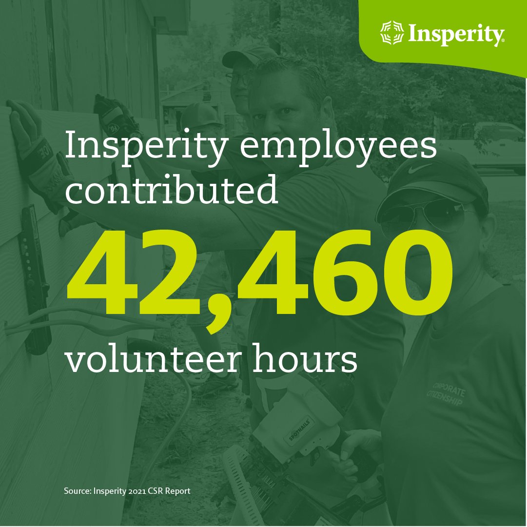 It is always a great time to give back, and our teams work year-round to impact our communities positively. Last year, #Insperitans contributed 42,460 volunteer hours to their cities which translates to over $1.2 million! ​

Learn more at: bit.ly/3yzwnvB

#InsperityCSR