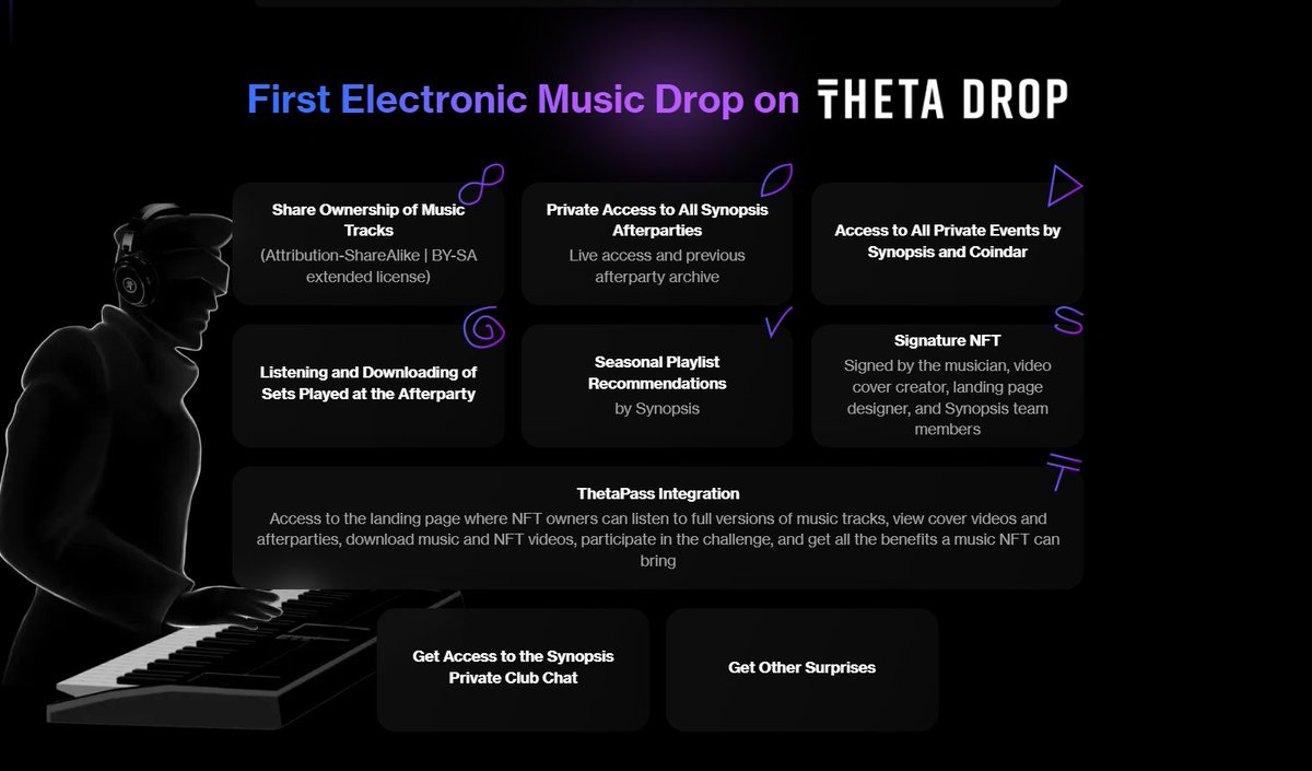 ThetaDrop (@thetadrop) on Twitter photo The Mysteria #NFTs include a wide array of utility:
✔️ Share ownership of music tracks
✔️ Private access to <a href="/SynopsisEvents/">Synopsis Summit</a> afterparties
✔️ Full access of NFT music tracks & videos via ThetaPass integration
✔️ More additional benefits
Join the Drop: synopsis.thetadrop.com The Mysteria #NFTs include a wide array of utility:
✔️ Share ownership of music tracks
✔️ Private access to <a href="/SynopsisEvents/">Synopsis Summit</a> afterparties
✔️ Full access of NFT music tracks & videos via ThetaPass integration
✔️ More additional benefits
Join the Drop: synopsis.thetadrop.com