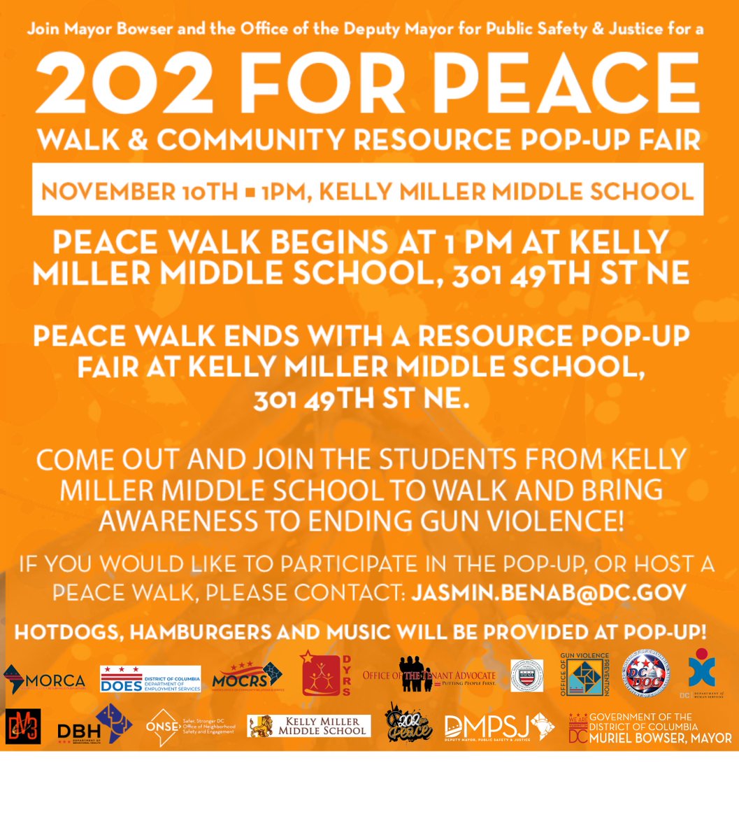 We're back with a peace walk! Join us as we continue to fight this fight to end gun violence in our city. 

📍 Kelly Miller Middle School 
📆 November 10th
⏰ 1PM 

See you next Thursday DC!