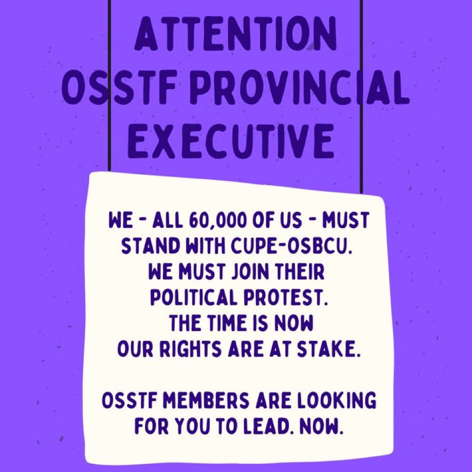 I am a member of <a href="/osstf/">OSSTF Communications</a>. I’m calling for action in the face of this assault on workers rights. 
OSSTF needs to stand with the members of CUPE who are having their collective bargaining rights violated.
<a href="/karenosstf/">osstfkaren</a> what actions will you take?  No more words.
#39kIsNotEnough
#OntEd