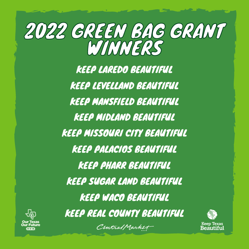 KeepTxBeautiful's tweet photo. We are very excited to announce our 2022 Green Bag Grant Winners! Thank you to these communities for the awesome work that they do to beautify our state and also to @HEB and @CentralMarket for supporting these grants!  #ourtexasourfuture https://t.co/wKEJr8fn7t