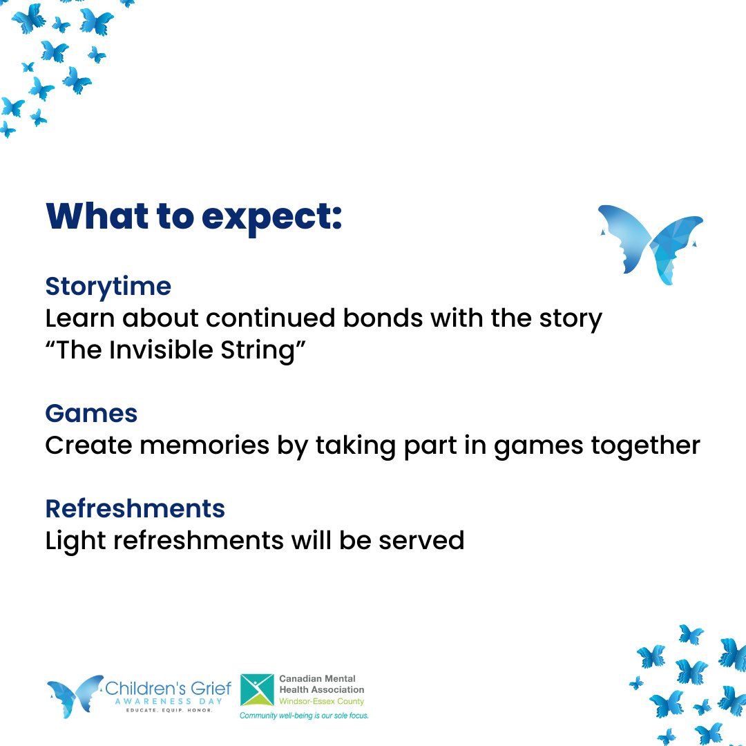 CMHAWECB's tweet photo. We invite you to join the CMHA Griefworks program for @ChildGriefDay on November 17th from 5 - 7 pm at Malden Park Visitor Centre. This event is free, and all community families are welcome for an evening of connection, expression, and healing. 
https://t.co/QokT9stFrR https://t.co/sJVRGaHCMB