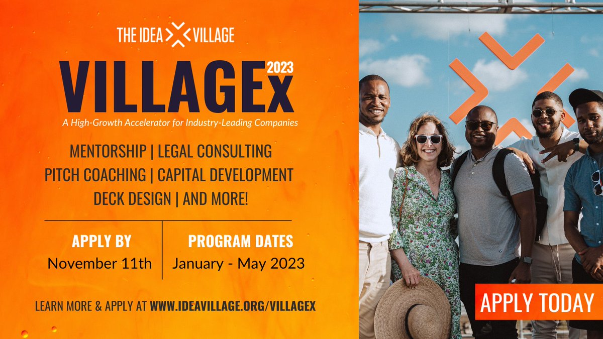 Are you building a tech-enabled startup? If you are looking for mentors and a community to help your company scale then apply for @TheIdeaVillage’s high-growth accelerator program, #VILLAGEx by 11/11 for the '23 cohort. Learn more and apply: bit.ly/3DoPqLR