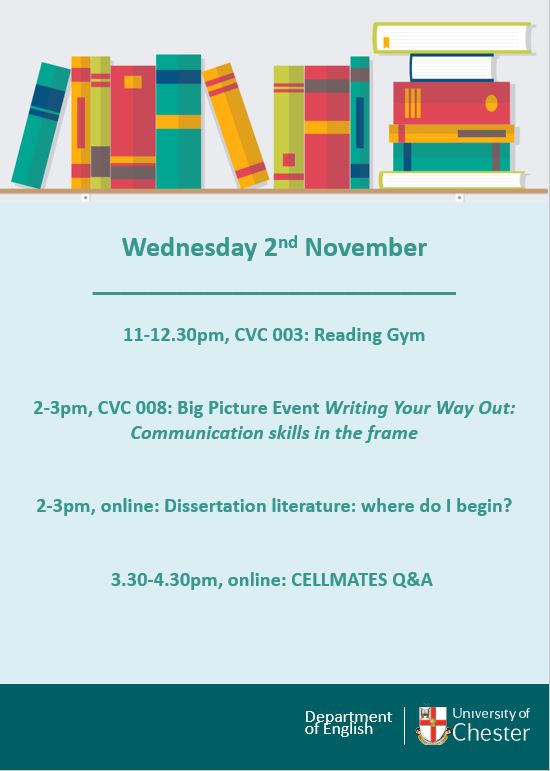 UoCEnglish's tweet photo. Tomorrow's Enhancement Week sessions begin at 11 with our reading gym (no exercises just tips for effective reading!). We also have our Big Picture event at 2pm with FREE PIZZA #EnhancementWeek #StudyEnglish @uochester https://t.co/bekG6gyh4H
