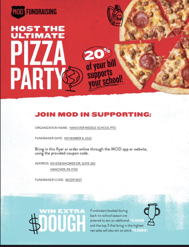 MOD pizza fundraiser!!! Come on out and show support!! Make sure to show/mention this flyer!!!
November 8!!!