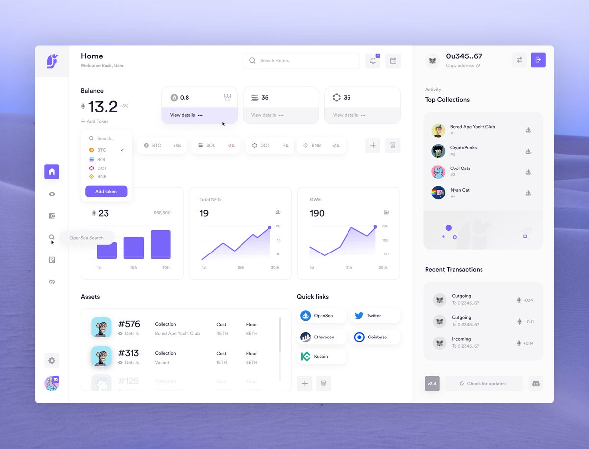 The home page is the landing page of our tool. 

It provides users with quick and easy access to all of their NFT needs. Stay up to date with crypto prices, gas prices, your NFT net worth, top collections, recent transactions, assets, and more all in real-time!