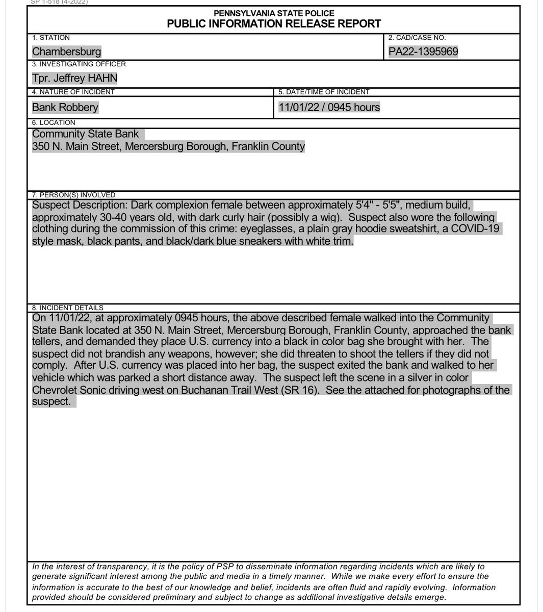 PSPTroopHPIO's tweet image. MERCERSBURG, FRANKLIN COUNTY:  bank robbery. Please share. Anyone with information call PSP Chambersburg at 717-264-5161