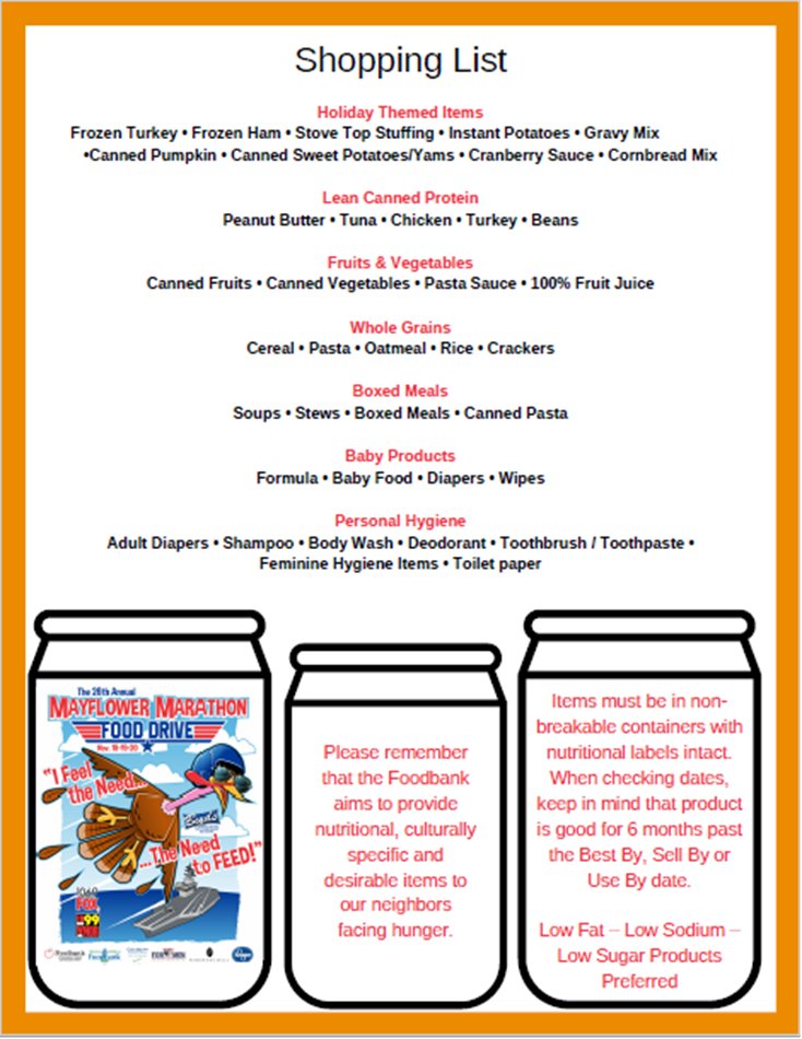 JonesCPAGroupPC's tweet photo. The Mayflower Marathon is hosting their annual food drive for donations to give back to our community. Both our Norfolk and Virginia Beach offices will be providing food drive bins to accept your donations until November 18. Below is a list of all the items that will be accepted. https://t.co/IvbcsgO3OG