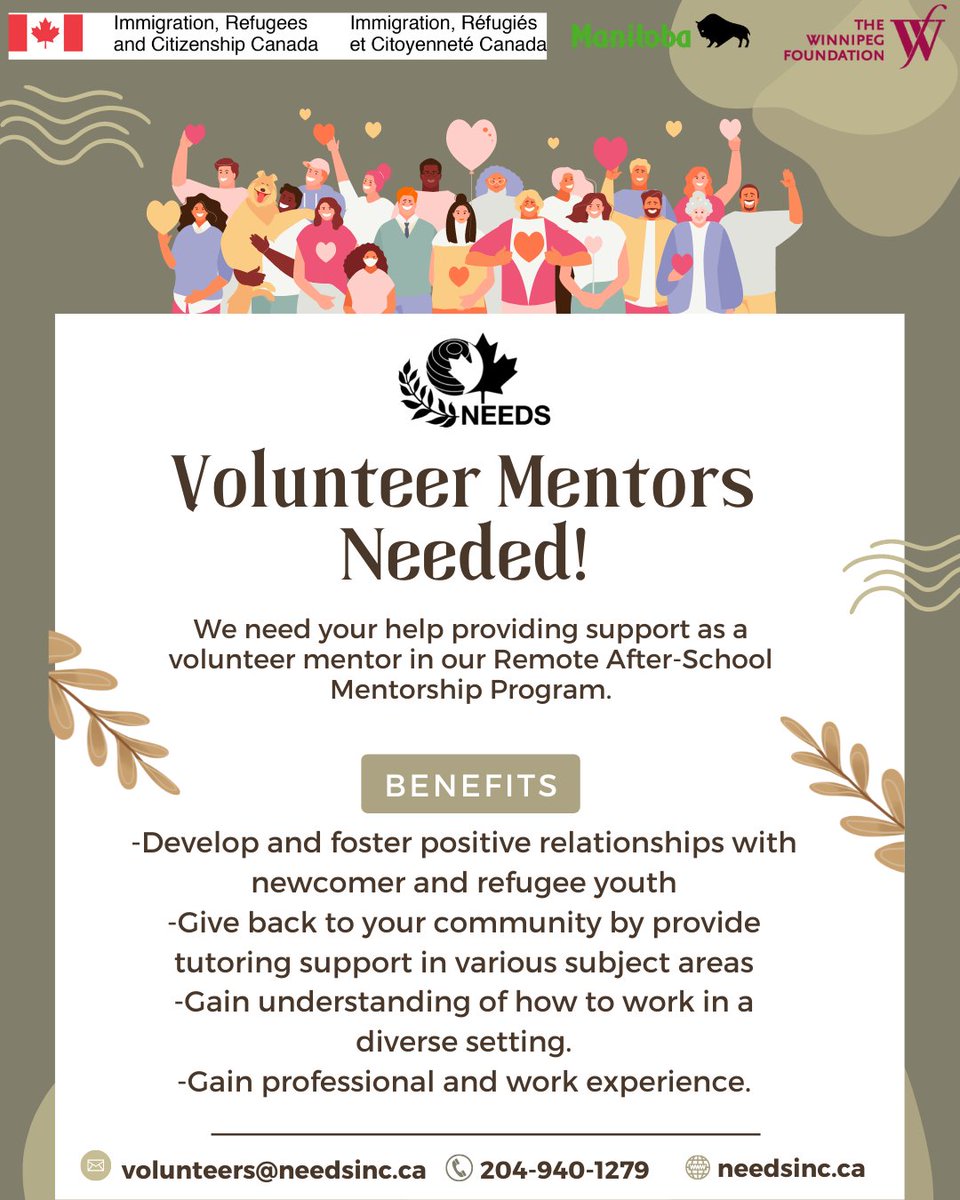 Are you wanting to give back to your community and work with individuals who have recently arrived to Winnipeg? We would love to see you as a Remote After-School Volunteer Mentor! For more info, visit needsinc.ca Email volunteers@needsinc.ca 
or call 204- 940-1279
