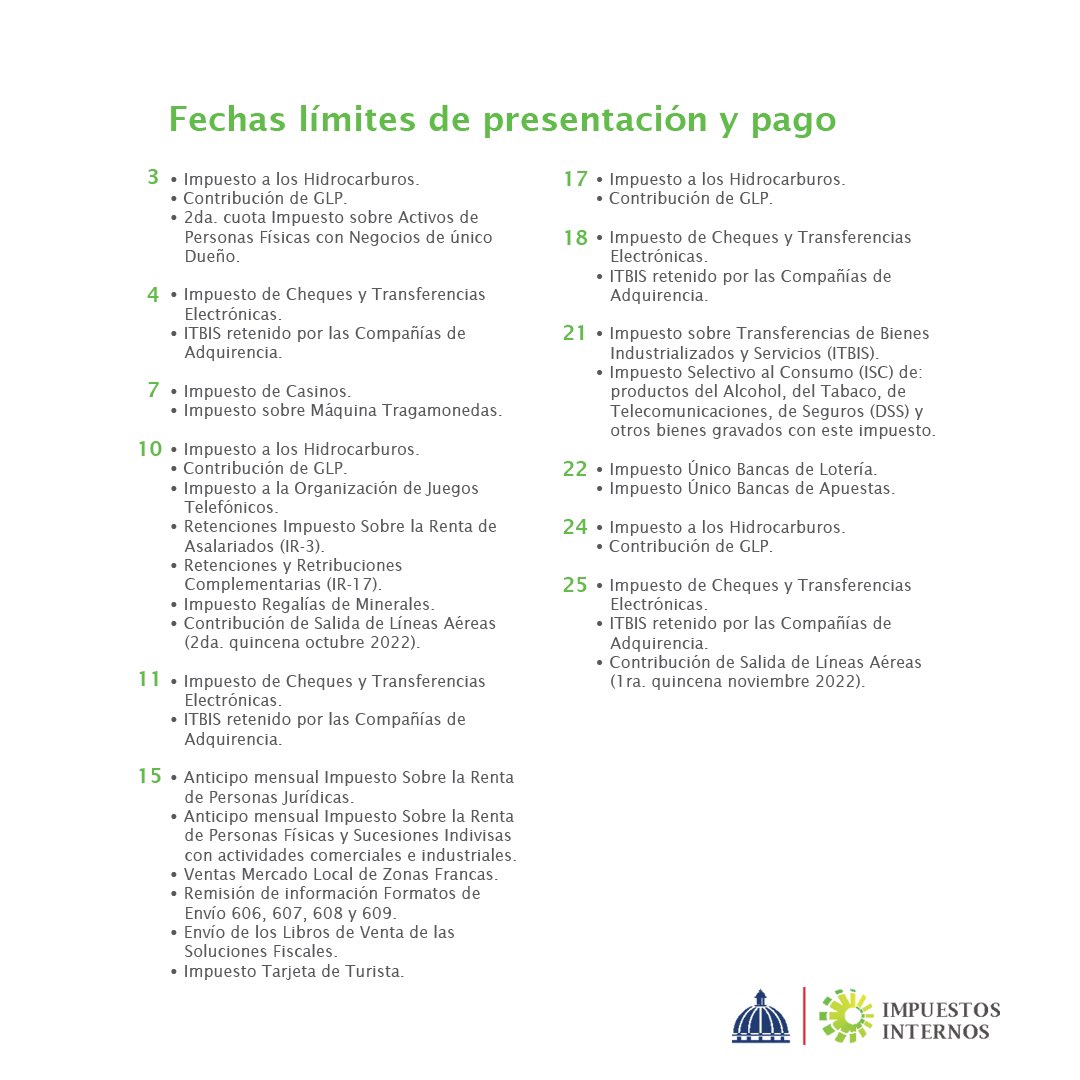 DGii's tweet photo. Ponte al día con tus compromisos tributarios, agenda con tiempo tus fechas límite correspondientes al mes de noviembre.
#DGII #Fechalimite #Impuestos https://t.co/LAeJJhQlJx